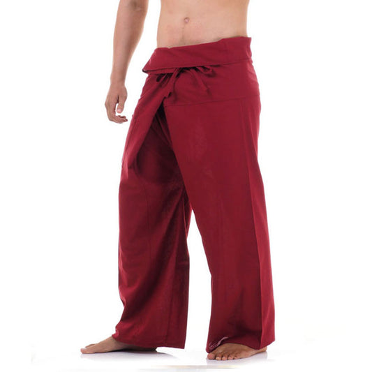 Close-up detail of Mystic Maroon men's Thai fisherman pants, handcrafted in Thailand from durable cotton.