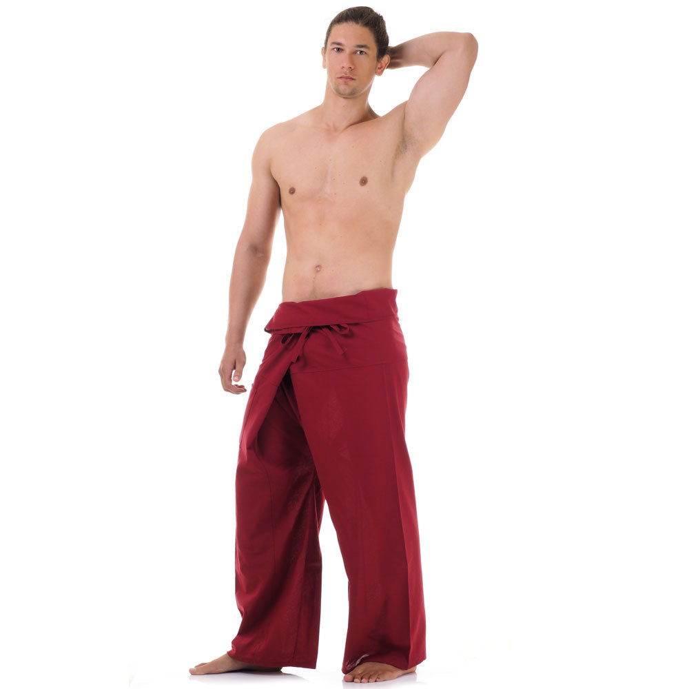 Front view of male model in Mystic Maroon Thai fisherman pants, one size fits all S-XL, classic Asian style.