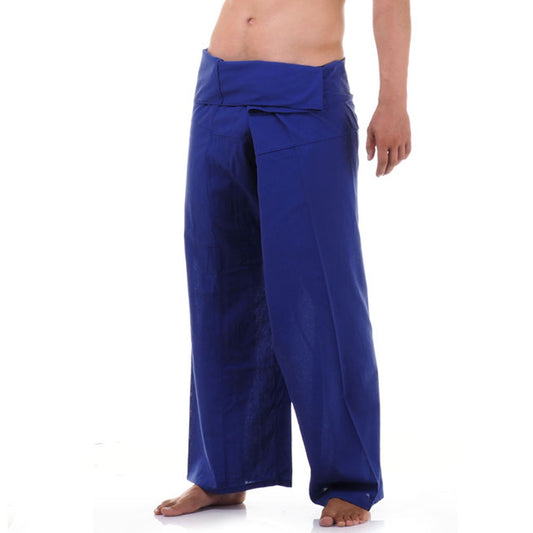 Close-up detail of Oceanic Navy men's Thai fisherman pants, handcrafted in Thailand from durable cotton.