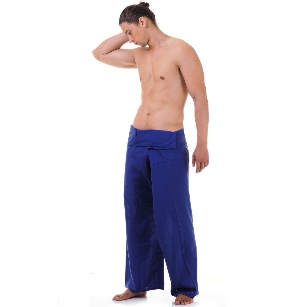 Front view of male model in Oceanic Navy Thai fisherman pants, one size fits all S-XL, classic Asian style.