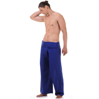 Front view of male model in Oceanic Navy Thai fisherman pants, one size fits all S-XL, classic Asian style.