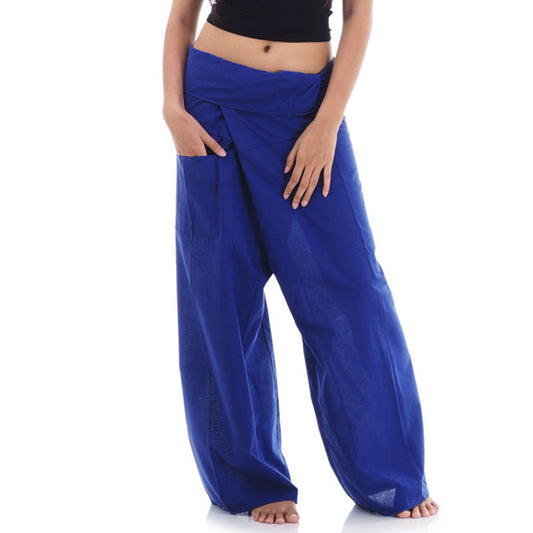 Close-up detail of Oceanic Navy women's Thai fisherman pants, handcrafted in Thailand from durable cotton.