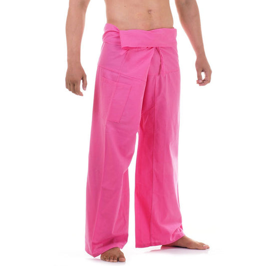 Close-up detail of Pink Paradise men's Thai fisherman pants, handcrafted in Thailand from durable cotton.