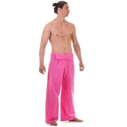 Front view of male model in Pink Paradise Thai fisherman pants, one size fits all S-XL, classic Asian style.