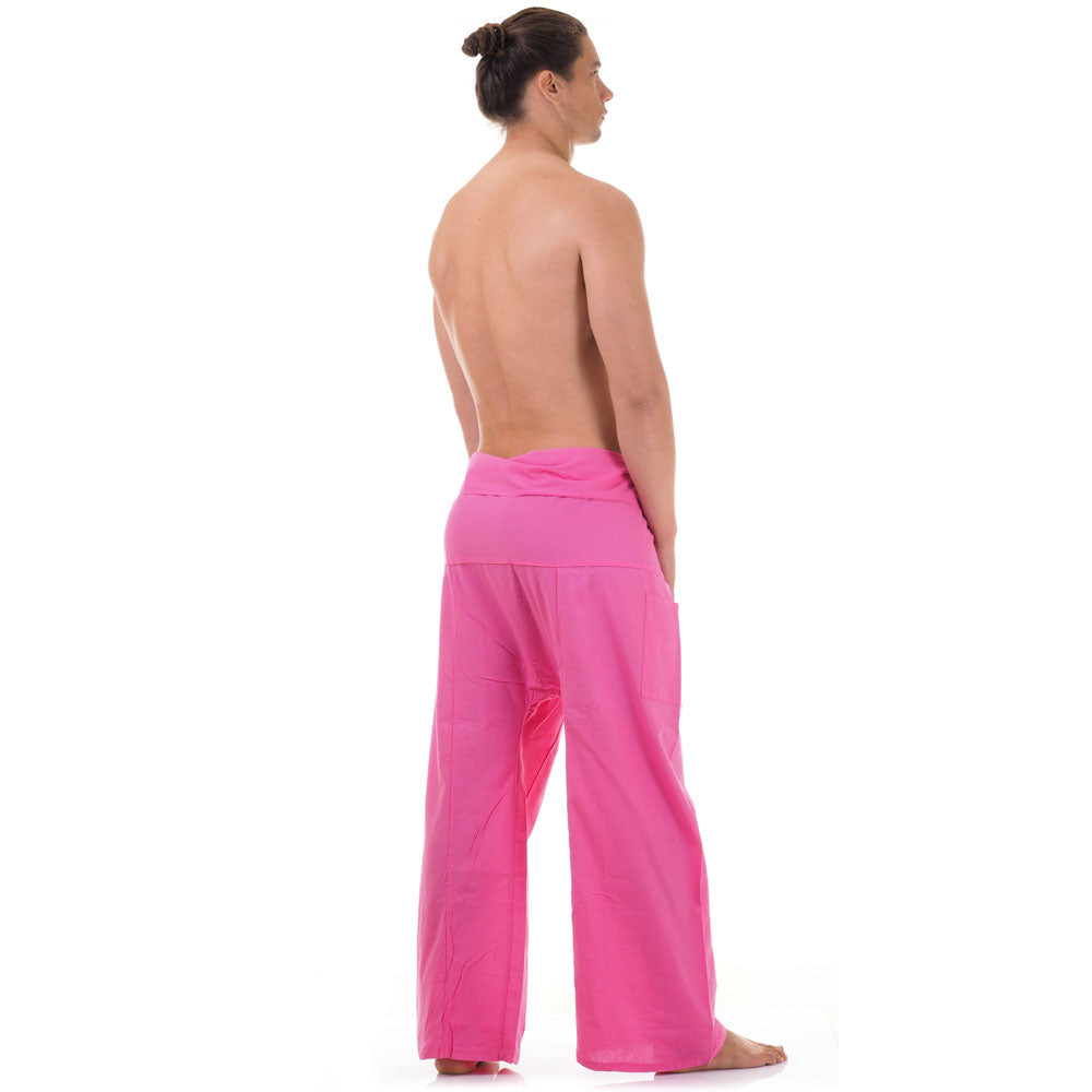 Back view of male model wearing Pink Paradise men's Thai fisherman pants, showcasing the tied waist and flowing fabric.