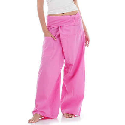 Close-up detail of Pink Paradise women's Thai fisherman pants, handcrafted in Thailand from durable cotton.