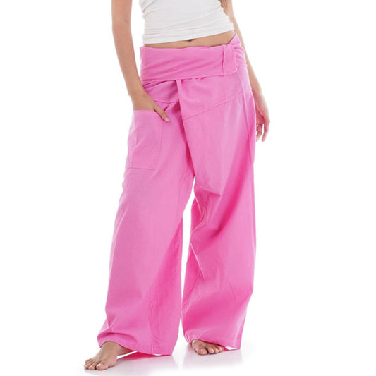 Close-up detail of Pink Paradise women's Thai fisherman pants, handcrafted in Thailand from durable cotton.
