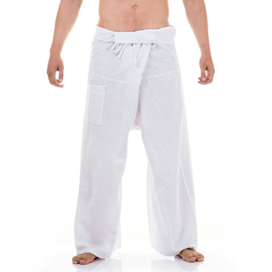 Close-up detail of Pure White Sand men's Thai fisherman pants, handcrafted in Thailand from durable cotton.