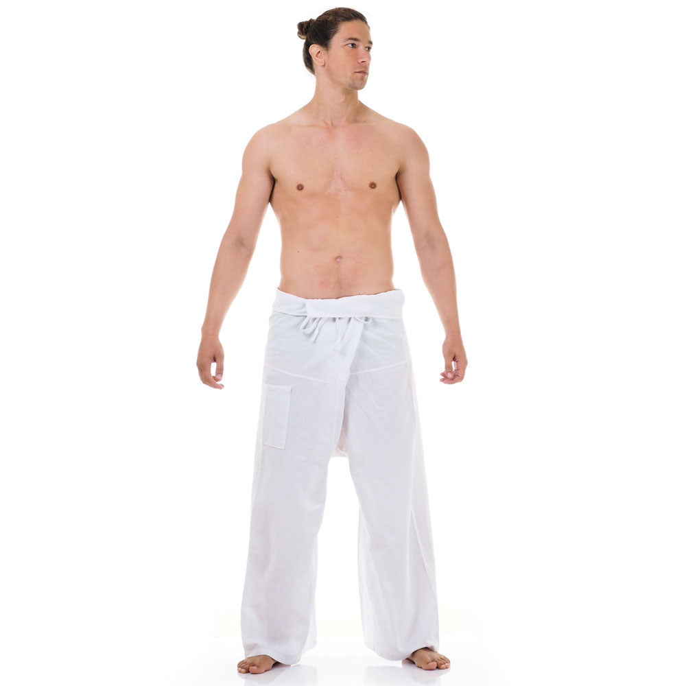 Front view of male model in Pure White Sand Thai fisherman pants, one size fits all S-XL, classic Asian style.
