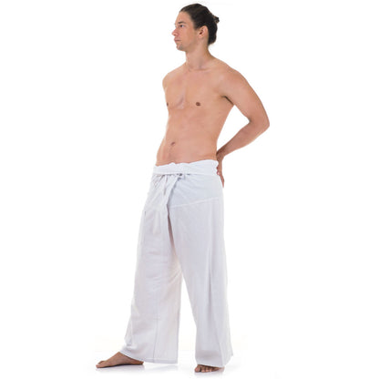 Side profile of a male model showing the relaxed fit and adjustable waistband of Pure White Sand Thai fisherman pants.