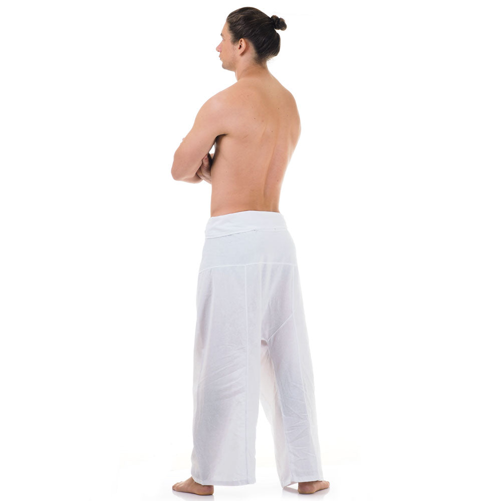 Back view of male model wearing Pure White Sand men's Thai fisherman pants, showcasing the tied waist and flowing fabric.