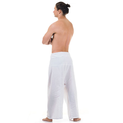 Back view of male model wearing Pure White Sand men's Thai fisherman pants, showcasing the tied waist and flowing fabric.