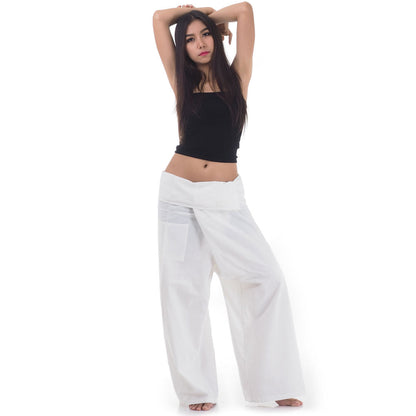 Front view of female model in Pure White Sand Thai fisherman pants, one size fits all S-XL, classic Asian wrap style.