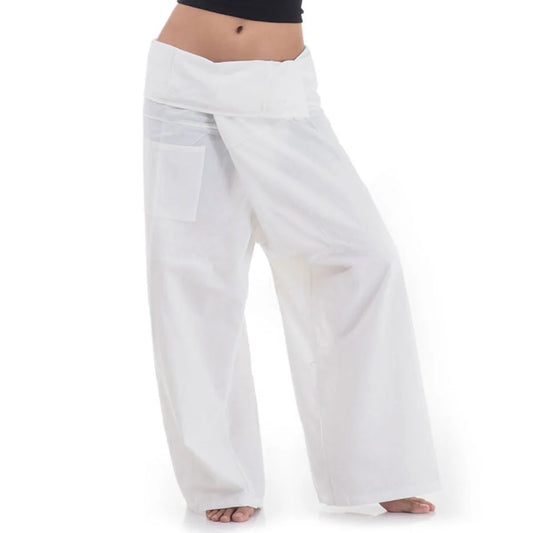 Close-up detail of Pure White Sand women's Thai fisherman pants, handcrafted in Thailand from durable cotton.
