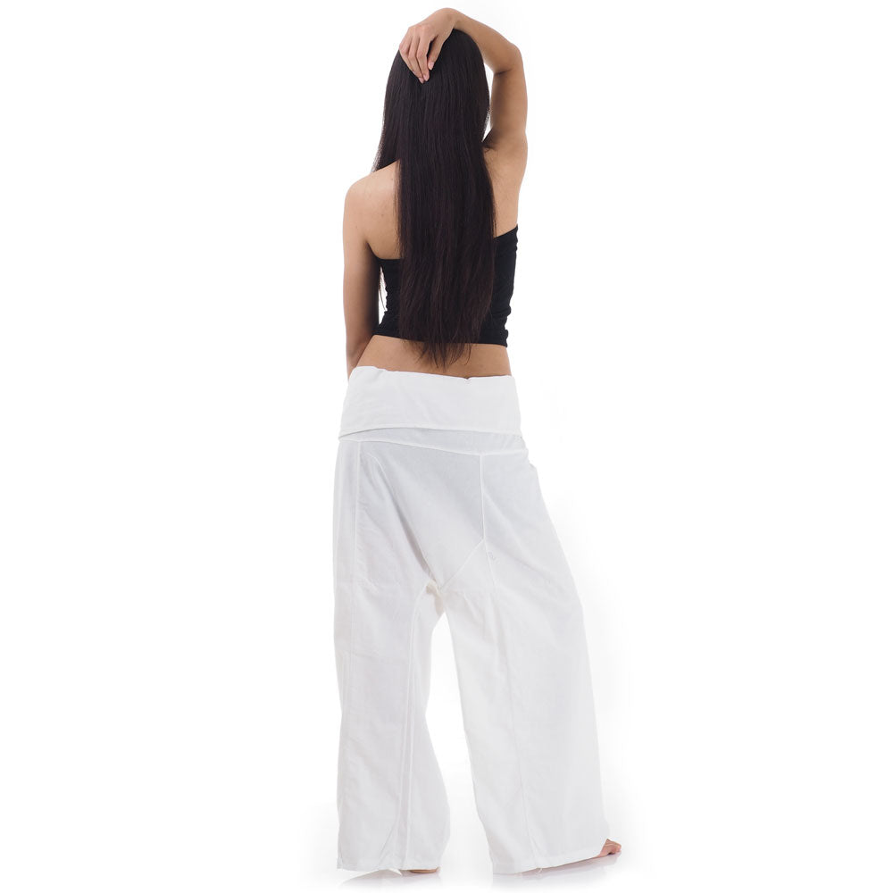 Back view of female model wearing Pure White Sand women's Thai fisherman pants, showcasing the tied waist and flowing fabric.