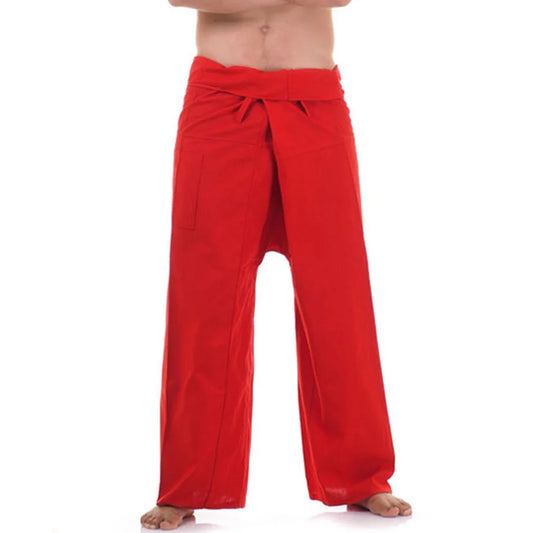 Close-up detail of Crimson Sunset men's Thai fisherman pants, handcrafted in Thailand from durable cotton.