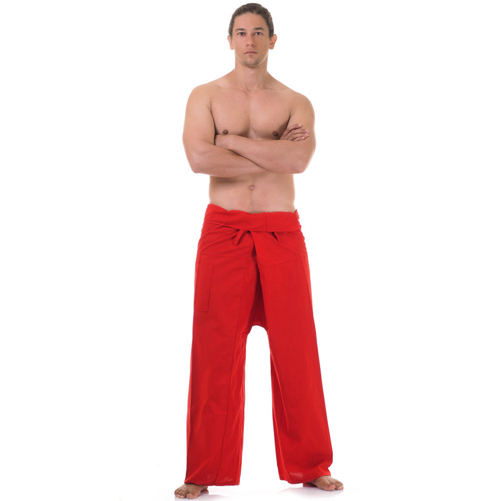 Front view of male model in Crimson Sunset Thai fisherman pants, one size fits all S-XL, classic Asian style.