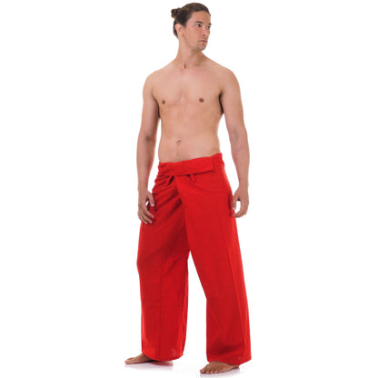 Side profile of a male model showing the relaxed fit and adjustable waistband of Crimson Sunset Thai fisherman pants.