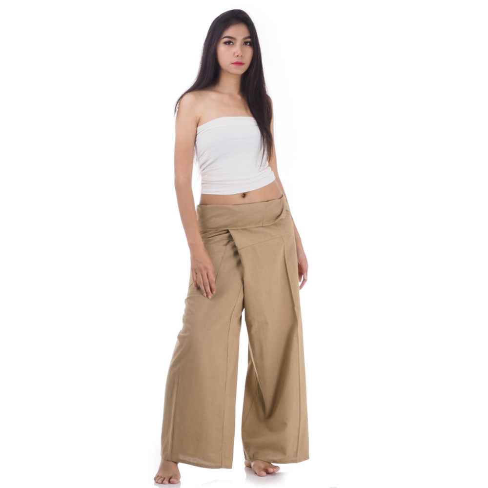 Front view of female model in Sandy Beige Thai fisherman pants, one size fits all S-XL, classic Asian wrap style.