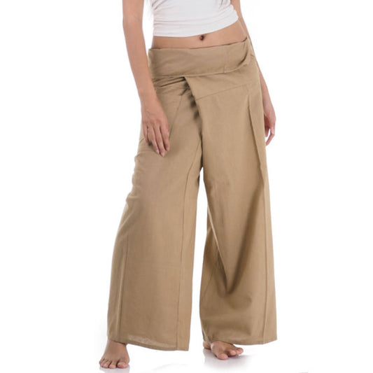 Close-up detail of Sandy Beige women's Thai fisherman pants, handcrafted in Thailand from durable cotton.