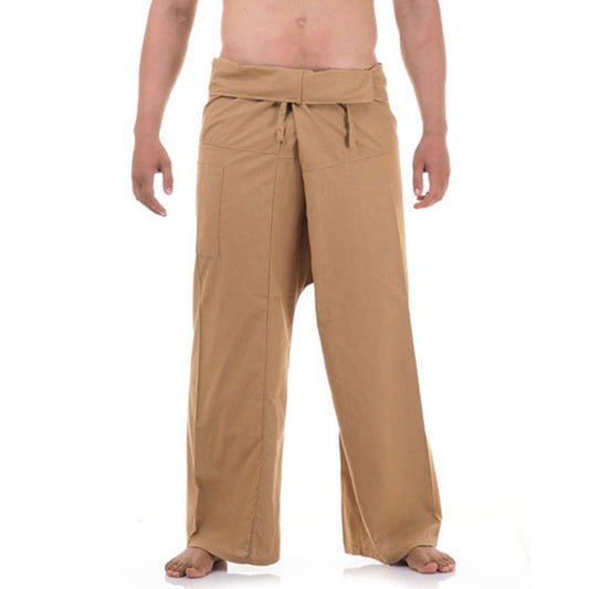 Close-up detail of Sandy Beige men's Thai fisherman pants, handcrafted in Thailand from durable cotton.