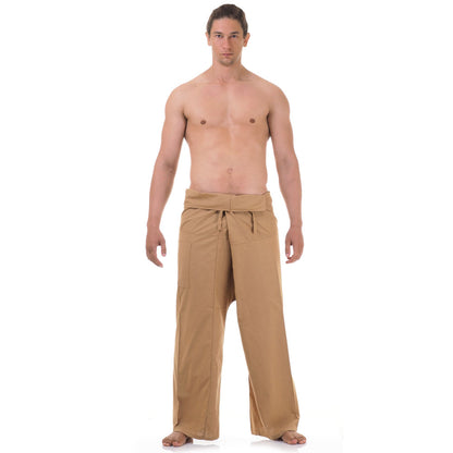 Front view of male model in Sandy Beige Thai fisherman pants, one size fits all S-XL, classic Asian style.