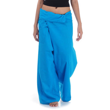 Close-up detail of Sky Blue Horizon women's Thai fisherman pants, handcrafted in Thailand from durable cotton.