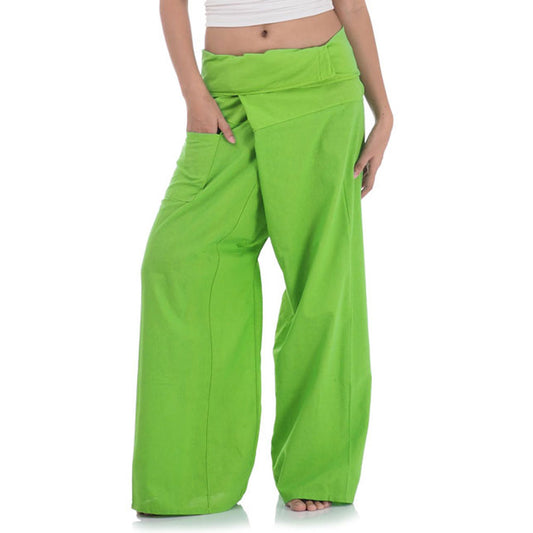 Close-up detail of Tropical Lime women's Thai fisherman pants, handcrafted in Thailand from durable cotton.
