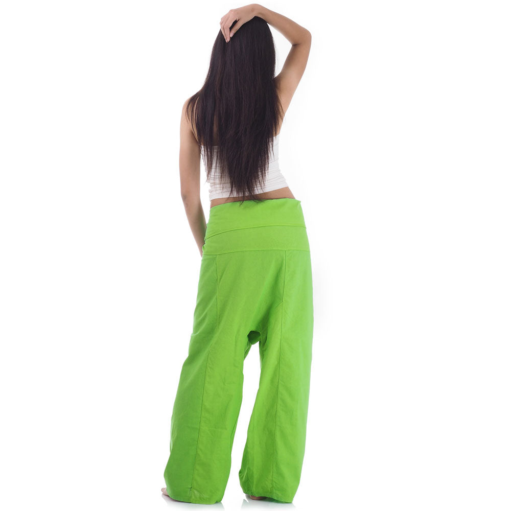 Back view of female model wearing Tropical Lime women's Thai fisherman pants, showcasing the tied waist and flowing fabric.