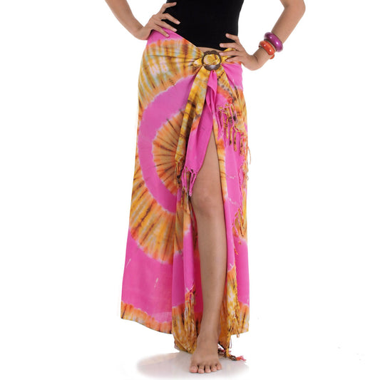 Close-up of the Rose Tie Dye Sarong Phangan in vibrant pink and rose tones, handcrafted in Thailand.