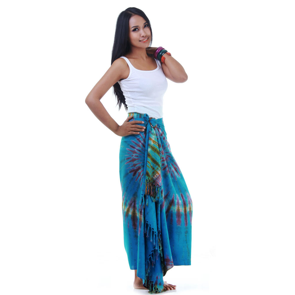 Side view of the blue wrap skirt Phangan showing the soft, draping quality of the material.