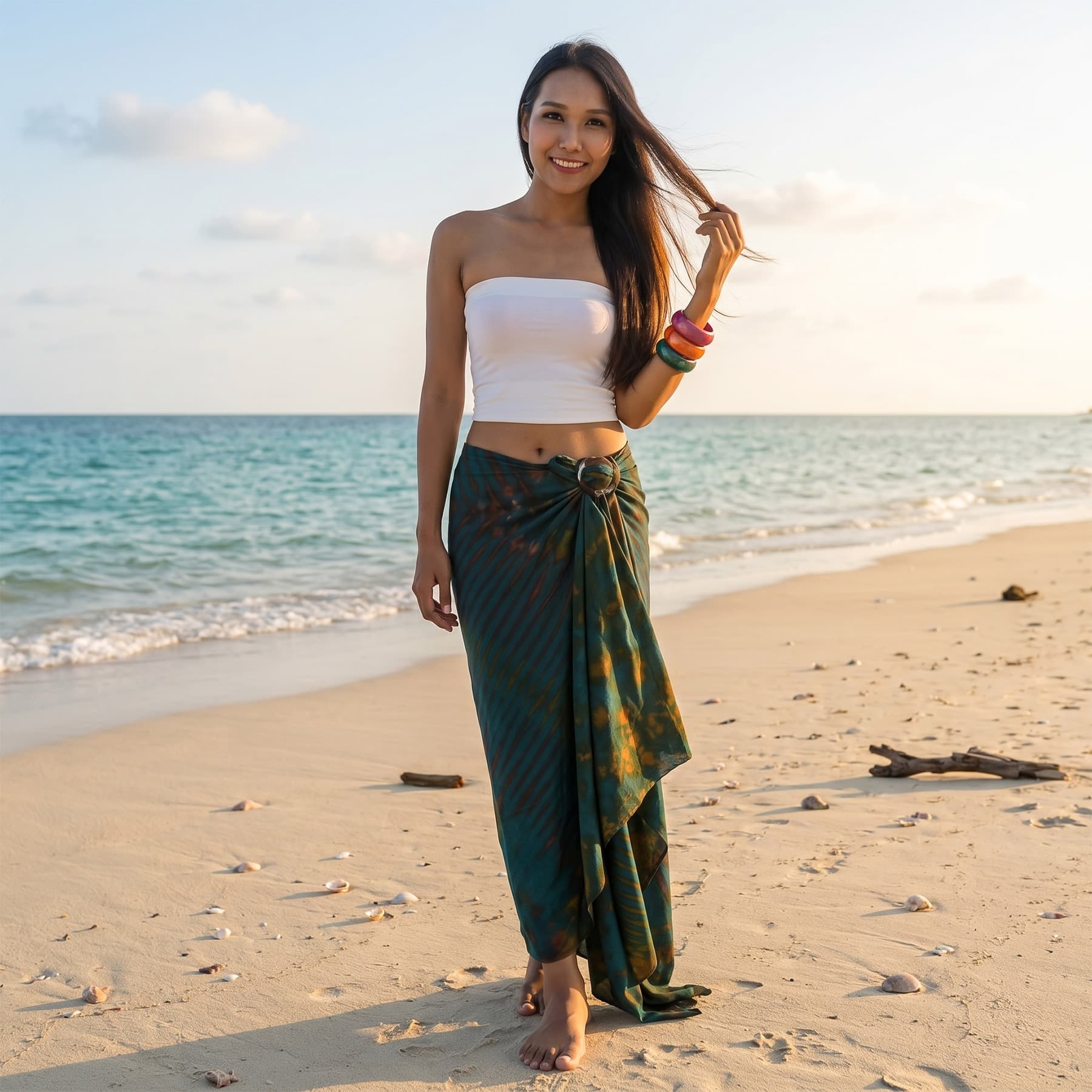 Female model in a tropical setting wearing the Green Vitality Tie Dye wrap skirt Phi Phi by the ocean.