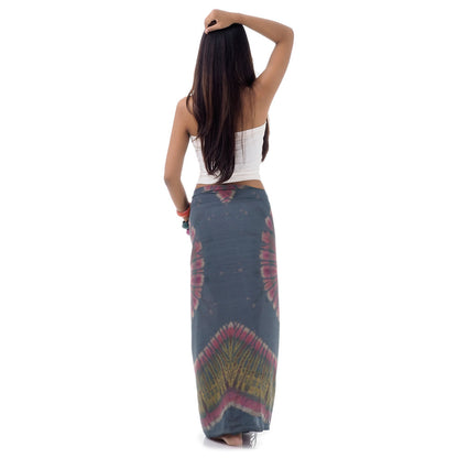 Back view of the Gray Tie Dye wrap skirt Samui, displaying the unique handmade color transitions.