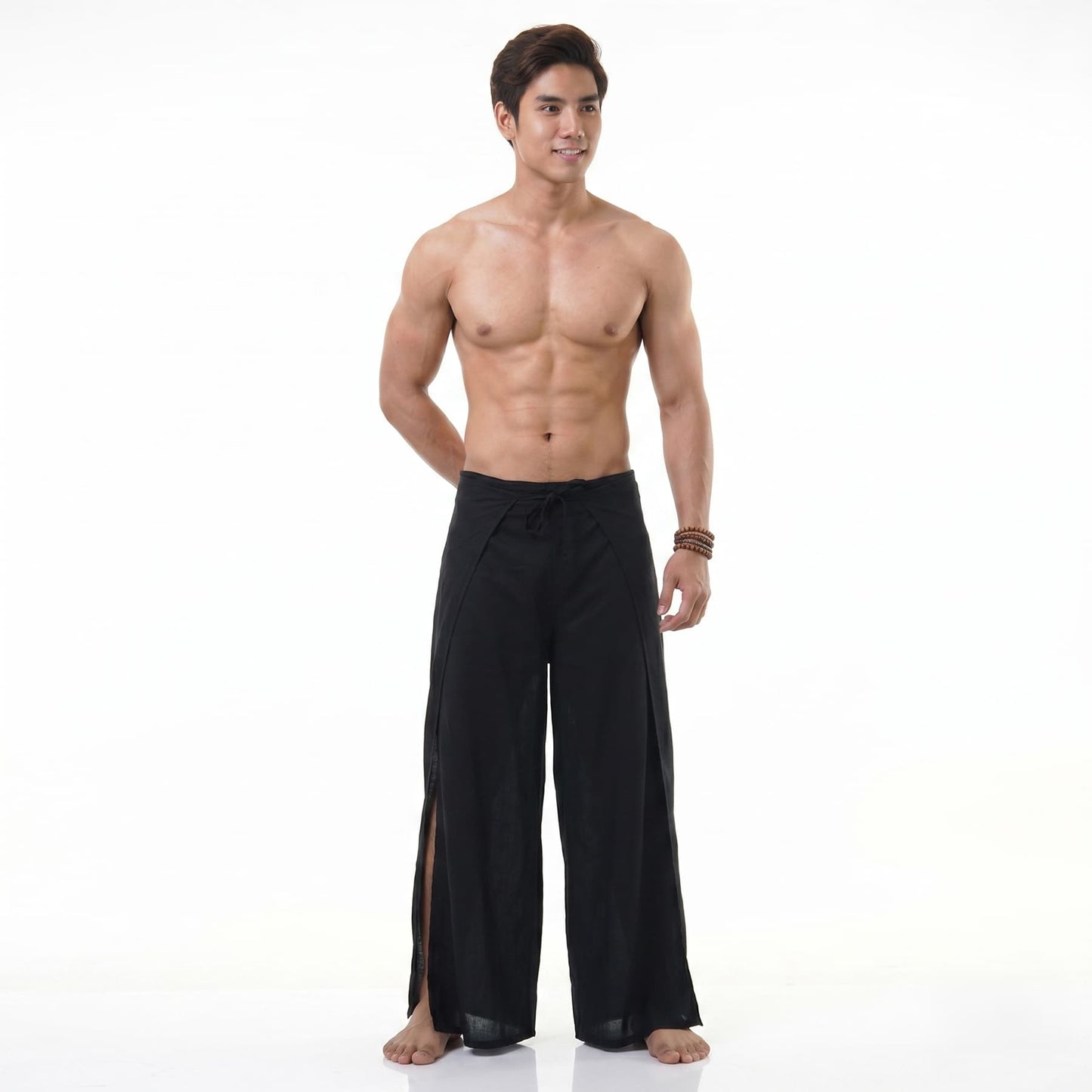 Front view of the black Thai Fisherman pants for men, a timeless wardrobe essential.
