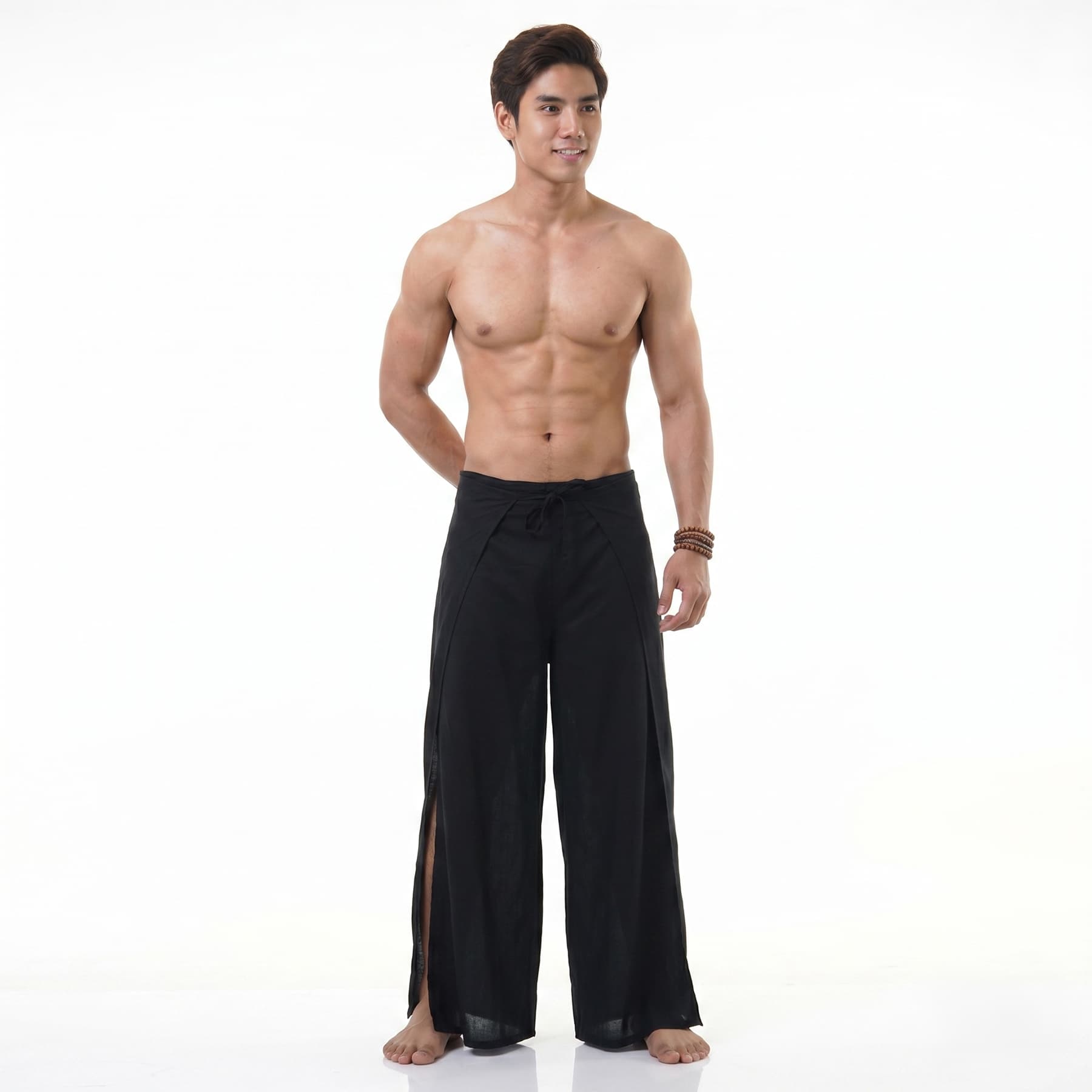 Front view of the black Thai Fisherman pants for men, a timeless wardrobe essential.