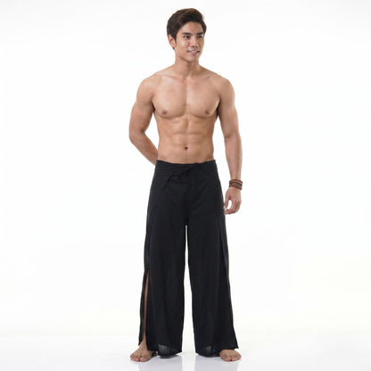 Front view of the black Thai Fisherman pants for men, a timeless wardrobe essential.
