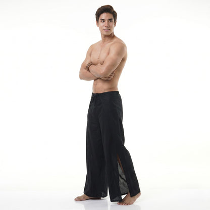 Side view of the black wrap pants for men, highlighting the lightweight and flexible folding design.