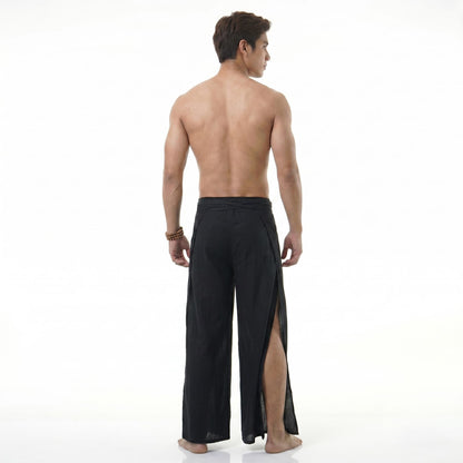 Back view of the black Men's Thai wrap pants, designed for ultimate comfort and ventilation.