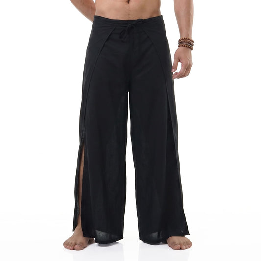 Close-up detail of the black Men's Thai wrap pants, showing the subtle texture of natural bamboo rayon fabric.