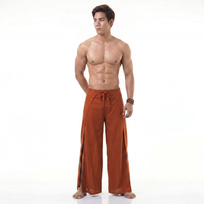 Front view of the orange Thai Fisherman pants for men, bringing a splash of color to summer outfits.