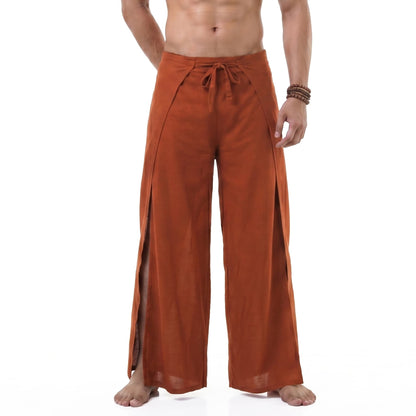 Detailed shot of the mango orange Men's Thai wrap pants fabric, woven from 100% natural vegan bamboo rayon.