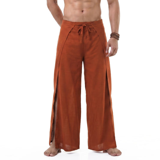 Detailed shot of the mango orange Men's Thai wrap pants fabric, woven from 100% natural vegan bamboo rayon.