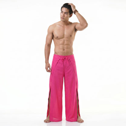 Front view of the pink wrap pants for men, offering a vibrant look for beach vacations.