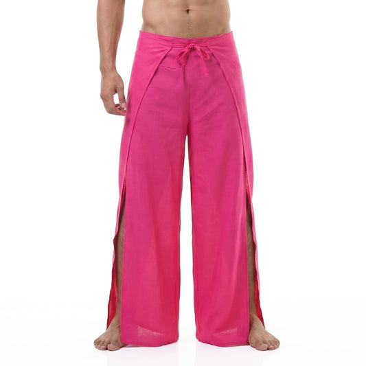 Detailed macro view of the pink Men's Thai wrap pants, featuring bold and lively vegan bamboo rayon fabric.