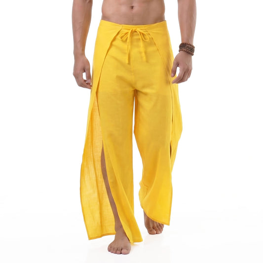 Close-up detail of the yellow Men's Thai wrap pants, highlighting the high-quality vegan bamboo rayon weave.