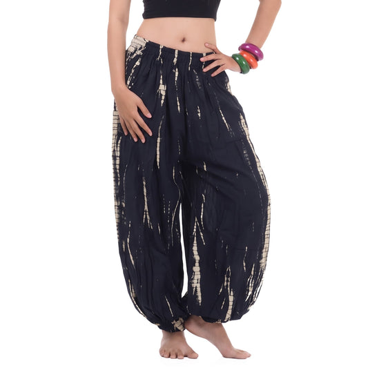 Close-up detail of the Midnight Black Women's Tie Dye Harem Pants, showing the subtle black tie-dye pattern and soft fabric texture.