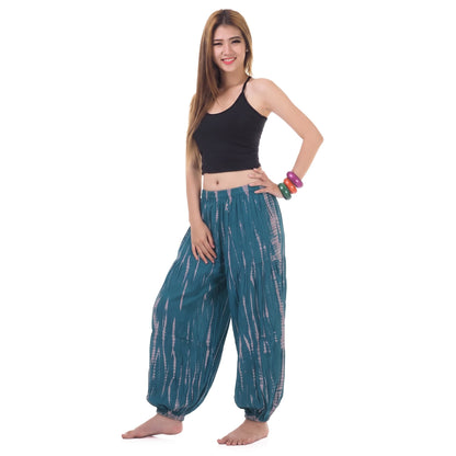 Side view of the Women's Tie Dye Harem Pants Ocean Breeze, displaying the wide balloon leg cut and comfortable drape.