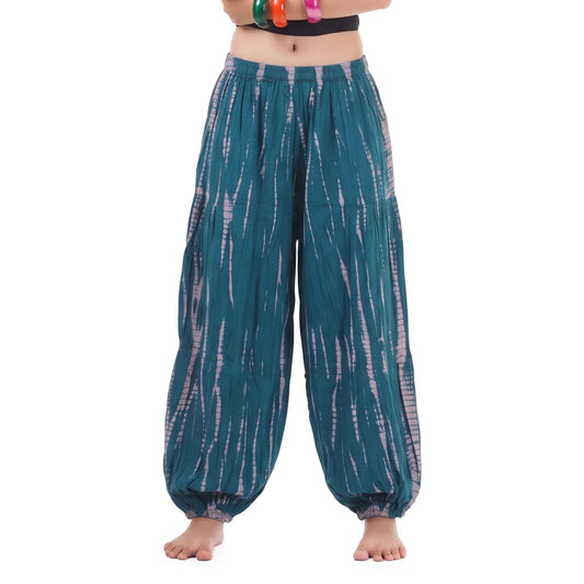 Detailed macro shot of the Ocean Breeze Tie Dye Harem Pants, showcasing the vibrant blue-teal tie-dye swirl.