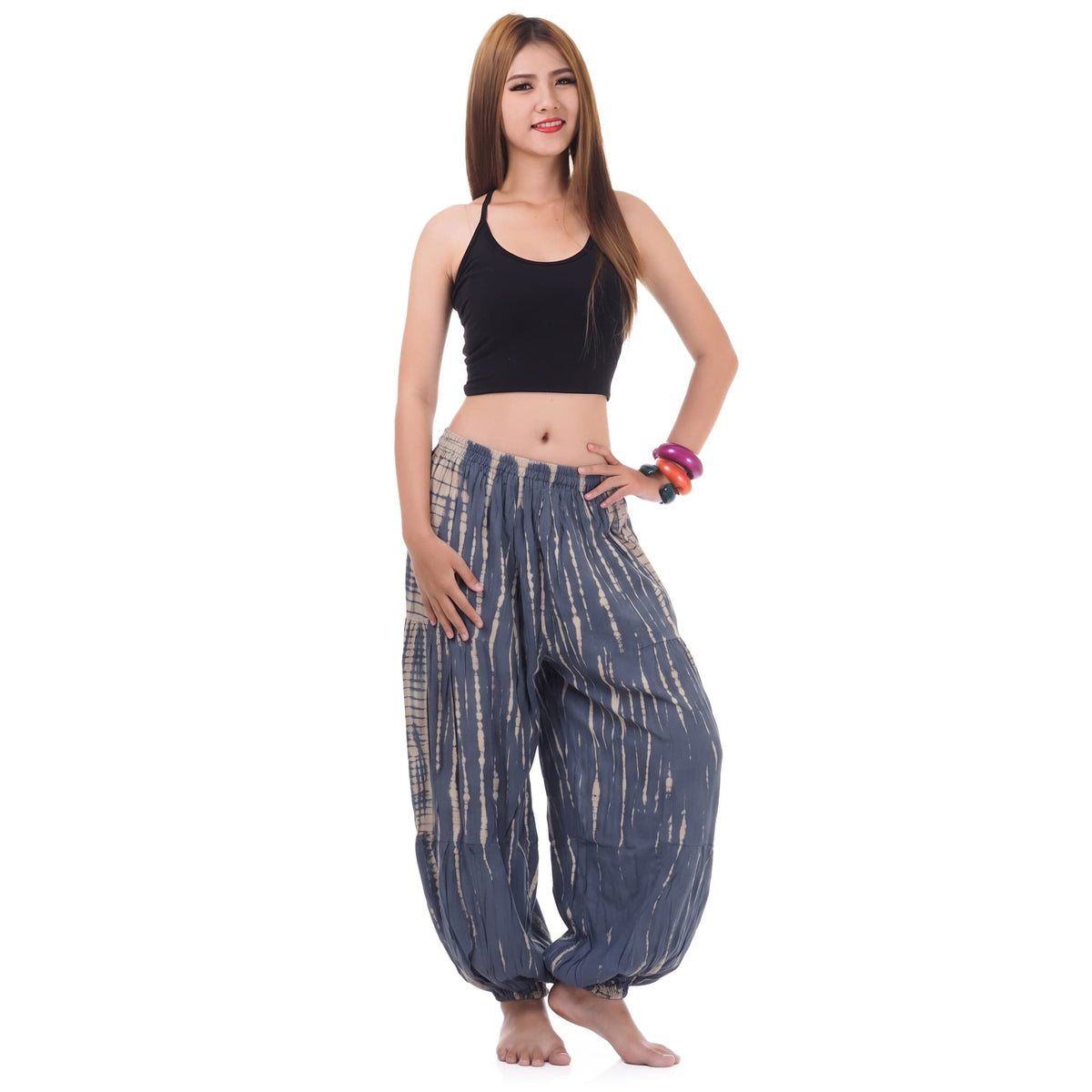 Front view of the Women's Tie Dye Harem Pants Misty Gray on a female model, perfect for yoga, lounge, or festival wear.