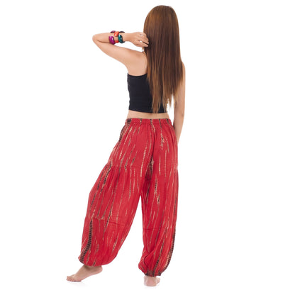 Back view of the Women's Tie Dye Harem Pants Vibrant Red on a female model, showing the breathable lightweight fit.